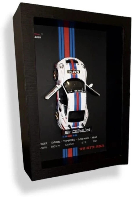 Auto MT Martini Porsche 3DCar Model Wooden Frame Wall Art & Pullback Action Opening Door Car Flywheel