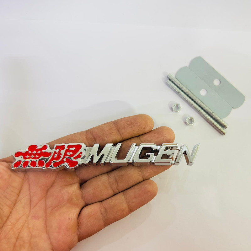 Auto MT Red-Chrome Mugen Metal Grill Logo (14cmx2cm) 3D Badge Sticker for All Vehicles. Car Flywheel