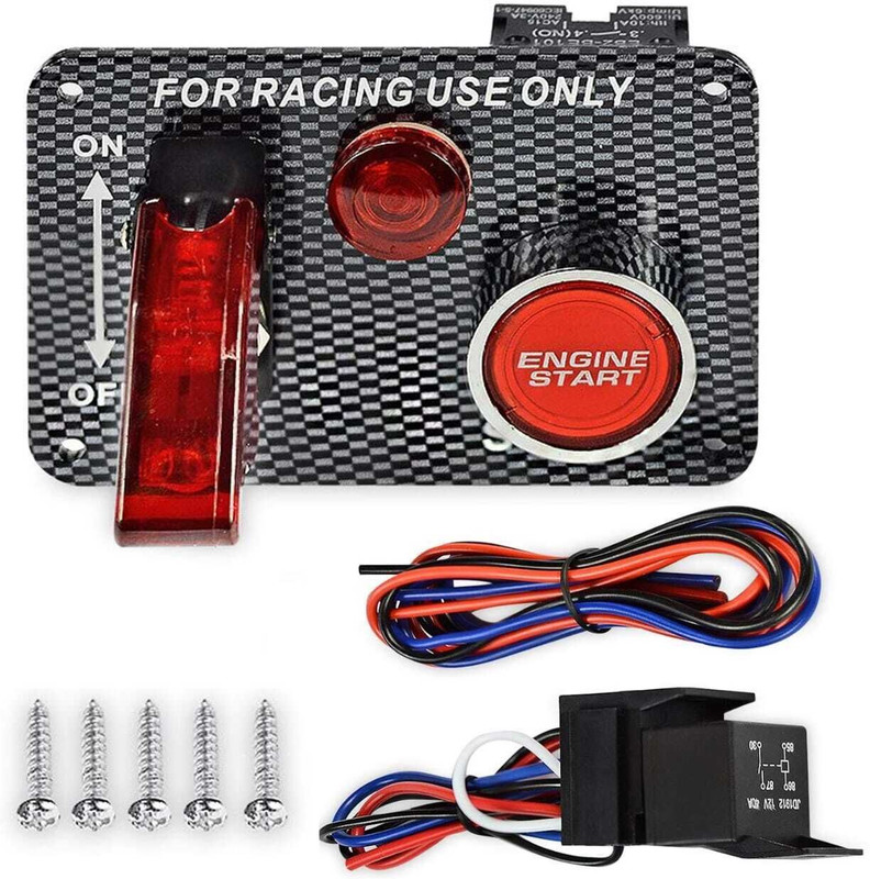 Auto MT 12V 2IN1 Switch Panel Kit,Engine Push Button Red Carbon Fiber Toggle Switches Car Flywheel