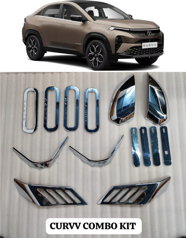 Autxin Chrome Combo Kit Exterior Garnish Accessories for TA TA CURVV Petrol/Diesel/Ev Glossy, Chrome Tata Leaf EV Side Garnish