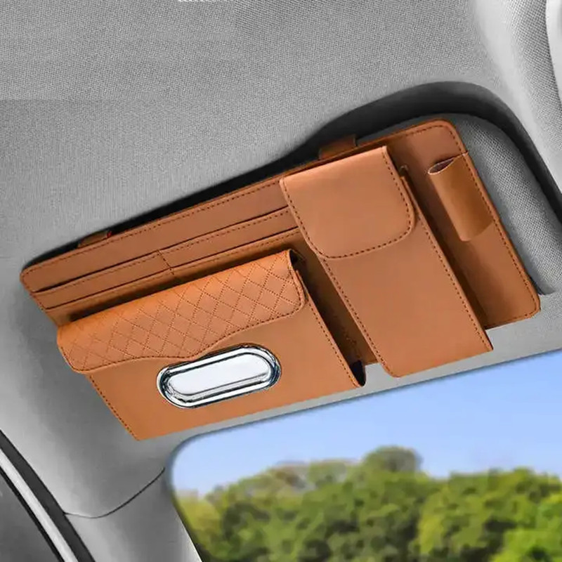 Augen PU Leather Car Sun Visor Organizer Tissue Box Sunglass Card Slot Pen(Brown) Car Storage Bag(111 L)
