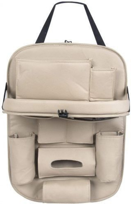 jstbuy Universal Car Back Seat Organizer with Foldable Food Table Tray PU Leather Multi Pocket Backseat Storage with Tissue Box, Bottle, Tablet and Mobile Holder (Beige) Car Multi Pocket(1 L)