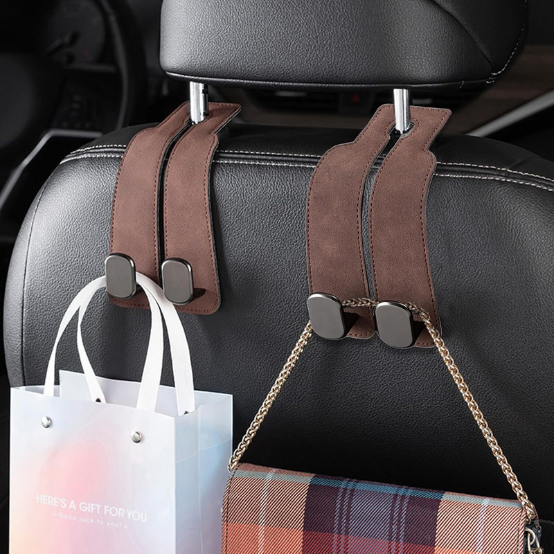 Deoxys Leather Car Headrest Hanger with Metal Hooks, Double Headrest Hooks Mobile Phone Car Side Seat Catcher(10 L)