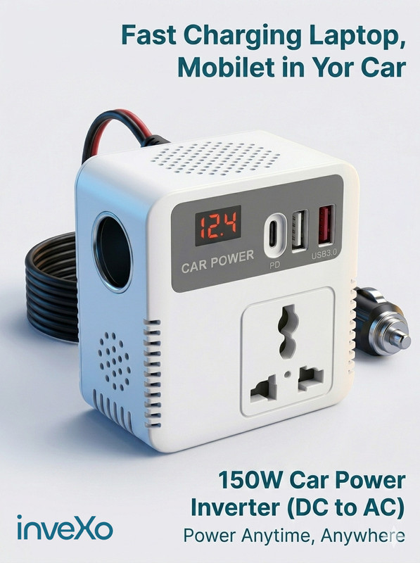 inveXo 150W Car Power Inverter 12V DC to 220V AC, 2USB Ports (3.1A), Type-C Fast Charge Car Inverter