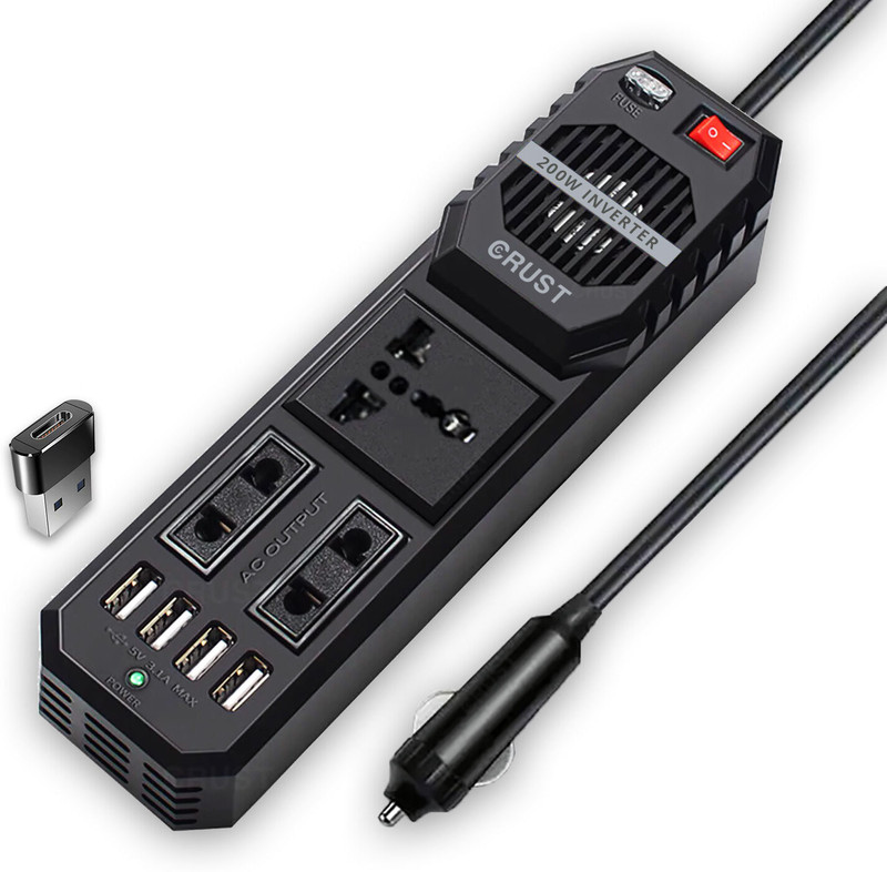 Crust N80 Car Power Inverter Laptop Charger 3 AC Outlets & 4 USB Ports, 200W Car Inverter
