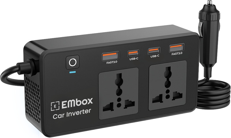 EMBox 200W Car Power Inverter - 2 AC , 2 USB (6.2A Max) & 2 C-Type (1 * 27WPD) - Black Car Inverter