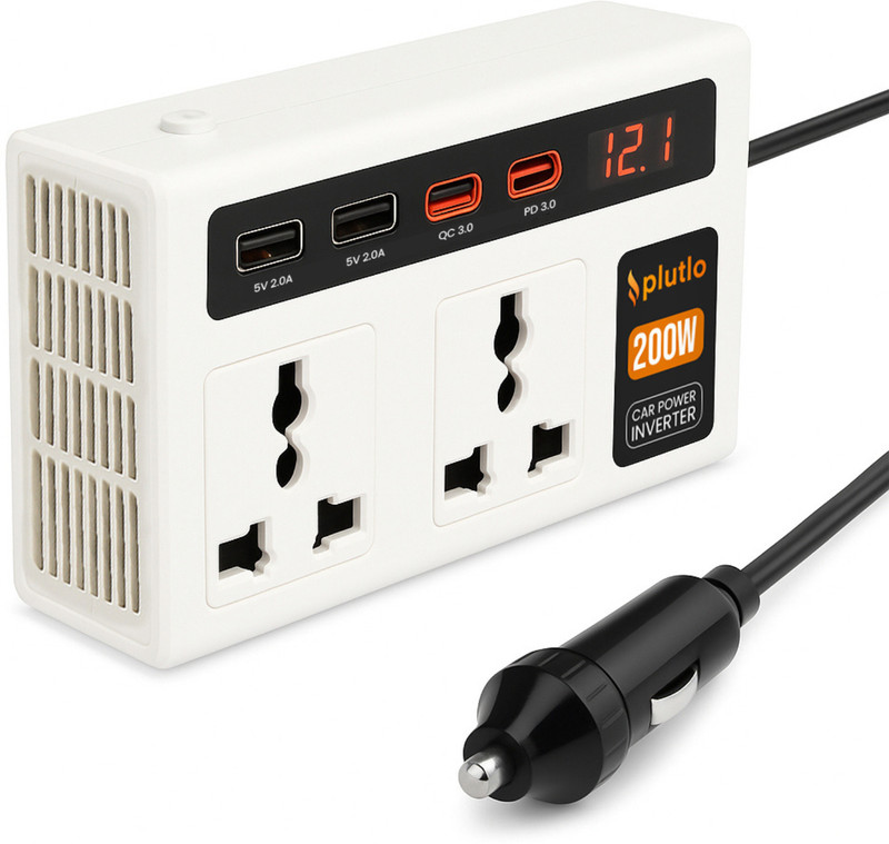 PLUTLO 7 in 1 200W Car Laptop Charger | Power Car Inverter,12V DC to 220V AC Car Inverter