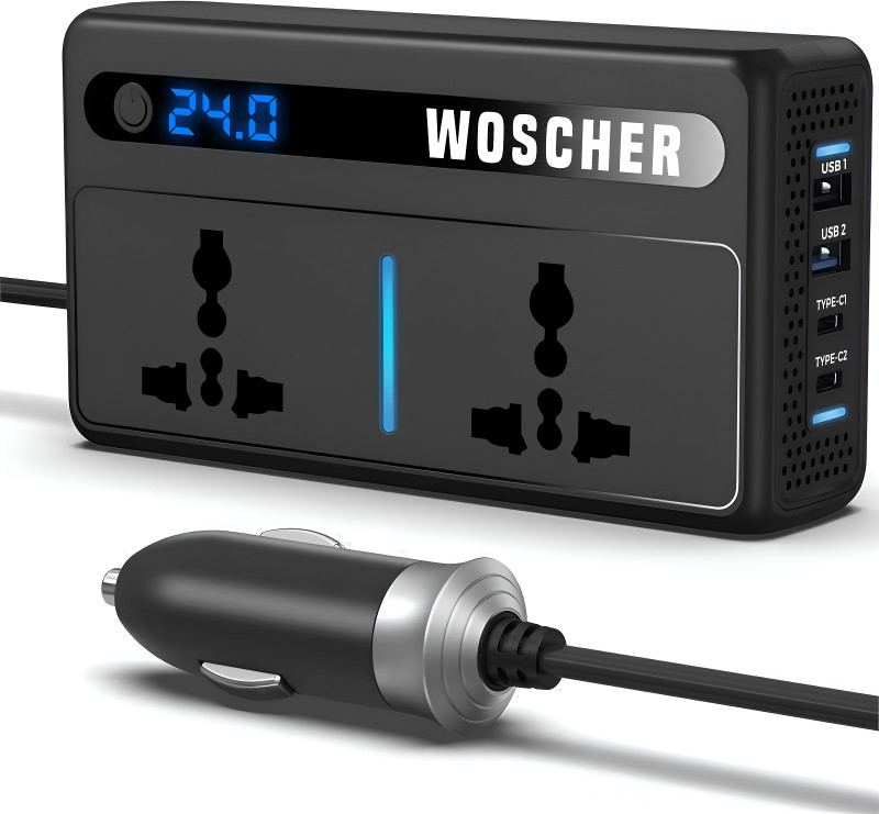 Woscher 200W Car Laptop Charger with 2 USB|2 Type C|2 Universal AC Outlet Charging Port Car Laptop Charger(DC)