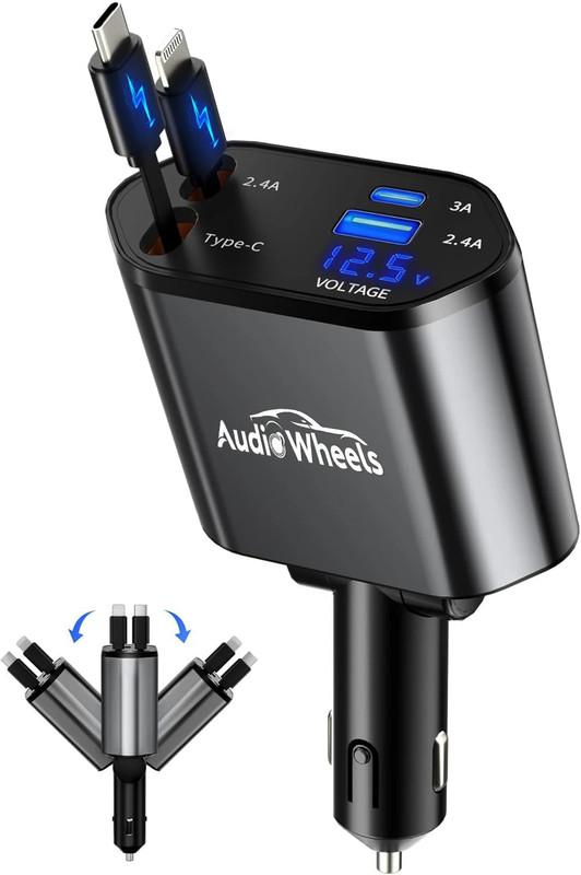 Audio Wheels TURBO Universal 4-in-1 Retractable Car Charger|120W Fast Charging & Type-C Car Laptop Charger(DC)