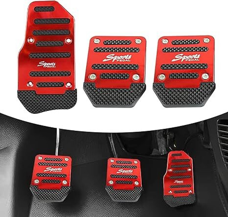 AutoBizarre 3Pc Anti-Slip Aluminum Alloy Sports Pedal Pad Cover Manual Car Pedal Kit-Red Car Pedal