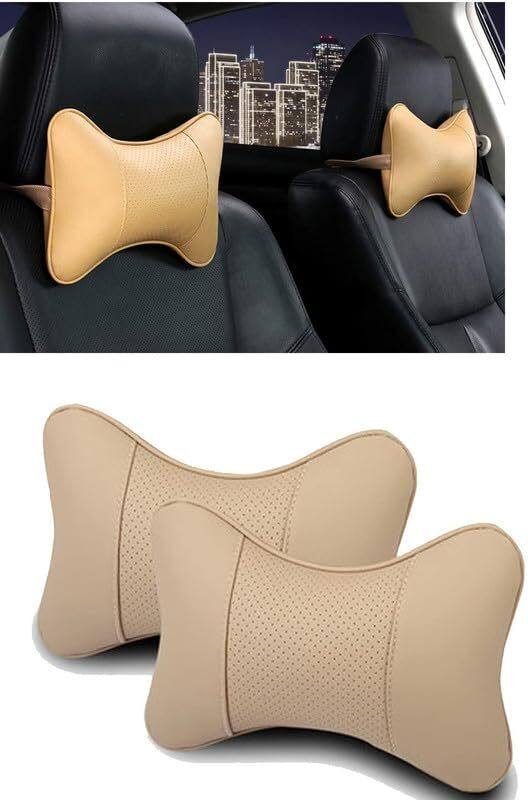 Edylinn Beige Leatherite, Leather Car Pillow Cushion for Universal For Car(Rectangular, Pack of 2)
