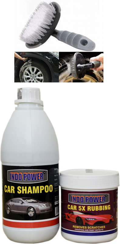 INDOPOWER CAR SHAMPOO 500ml.+ CAR 5X RUBBING POLISH 250ml.+All Tyre Cleaning Brush Combo