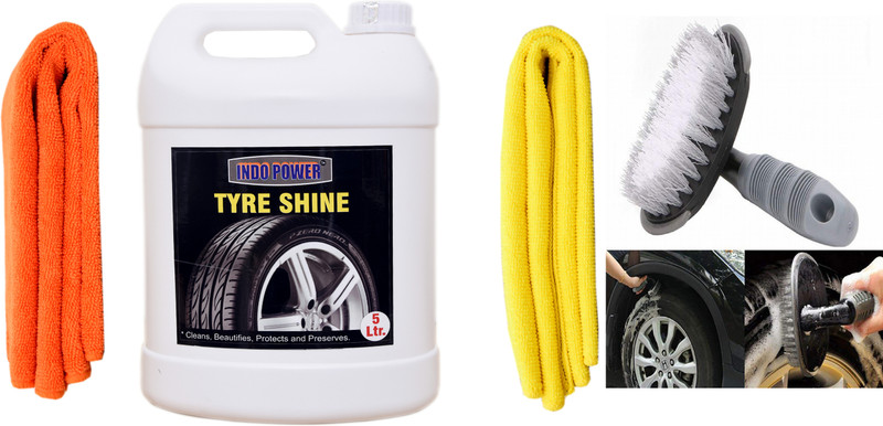 INDOPOWER TYRE SHINER 5ltr. + 2PC CAR MICROFIBER CLOTH+All Tyre Cleaning Brush Combo