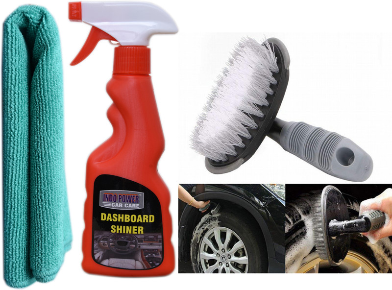 INDOPOWER DASHBOARD SHINER SPRAY 250ml.+ 1PC CAR MICROFIBER CLOTH +All Tyre Cleaning Brush Combo