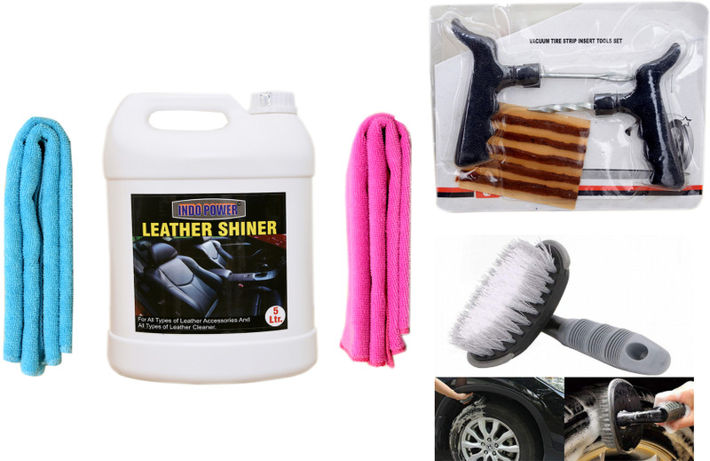 INDOPOWER LEATHER SHINER 5ltr+ + 2PC CAR MICROFIBER CLOTH + Tubelass smart Panchar Kit.+All Tyre Cleaning Brush Combo