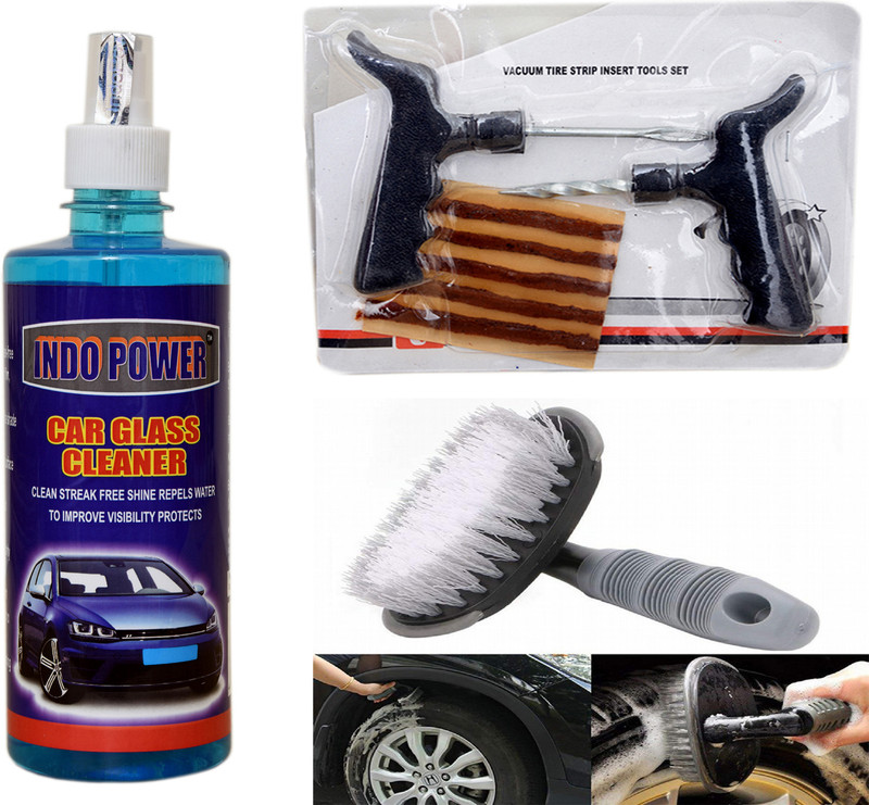 INDOPOWER CAR GLASS CLEANER 500ml+ Tubelass smart Panchar Kit.+All Tyre Cleaning Brush Combo