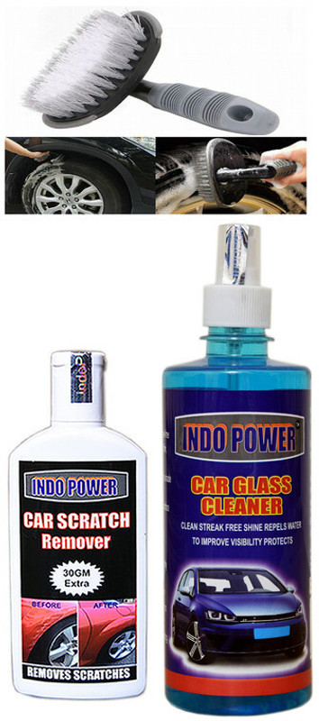 INDOPOWER CAR GLASS CLEANER 500ml+ Scratch Remover 100gm.+All Tyre Cleaning Brush Combo