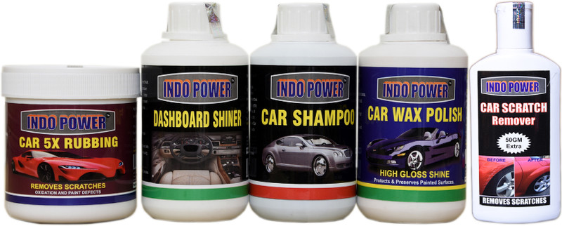INDOPOWER DASHBOARD SHINER 250ml+ CAR 5X RUBBING POLISH 250ml+ CAR WAX POLISH 250ml+ CAR SHAMPOO 250ml+ Scratch Remover 200gm. Combo