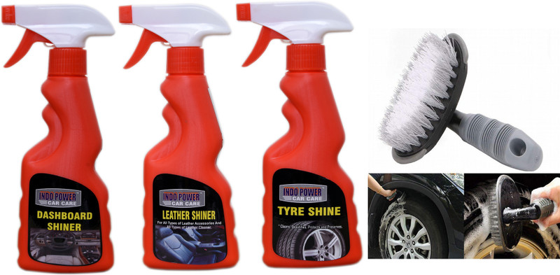 INDOPOWER LEATHER SHINER SPRAY 250ml.+DASHBOARD SHINER SPRAY 250ml.+TYRE SHINER SPRAY 250ml.+All Tyre Cleaning Brush Combo