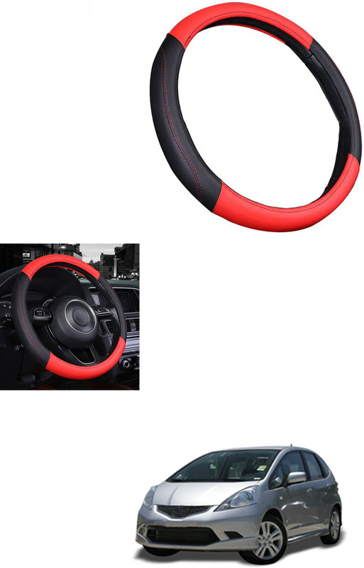 MATIES Steering Cover For Honda Jazz(Red/Black, Leather)