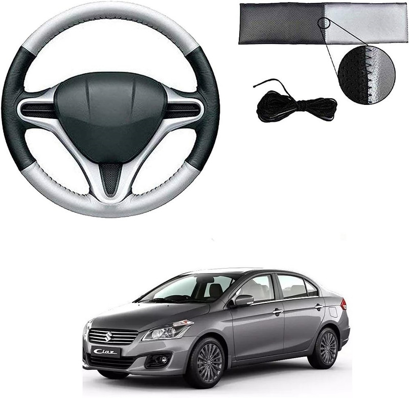 ARNEJA Hand Stiched Steering Cover For Maruti Ciaz(Silver, Black, Leather)