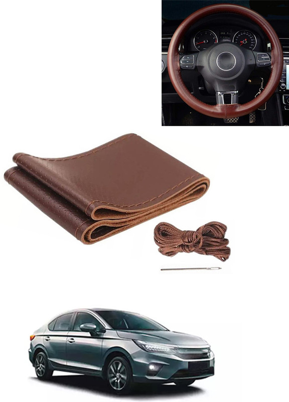 AYW Hand Stiched Steering Cover For Honda City(Brown, Leatherite)