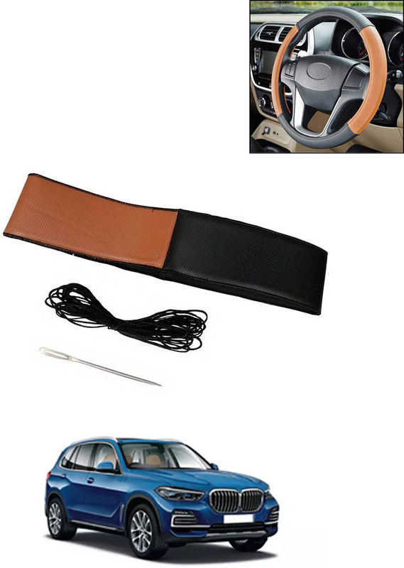 AYW Hand Stiched Steering Cover For BMW X5(Tan/Black, Leatherite)