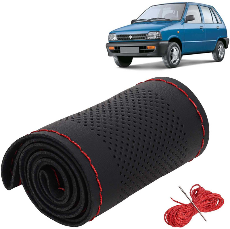 Kingsway Hand Stiched Steering Cover For Maruti 800(Black Color with Red Thread, Leatherite)