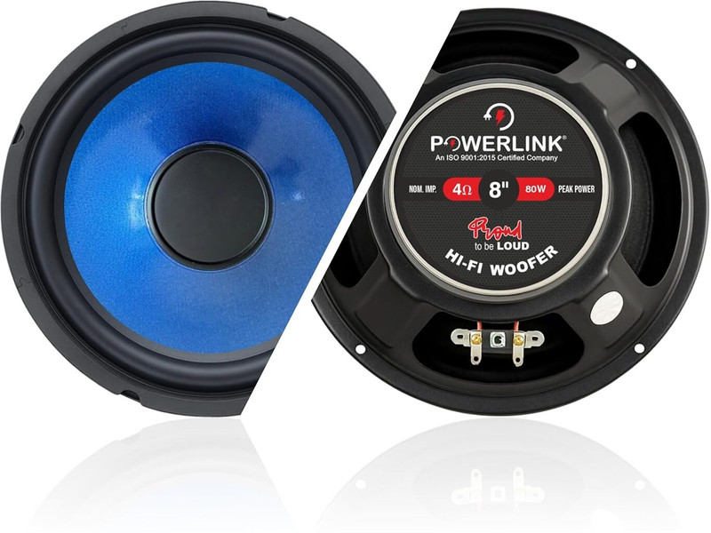 Powerlink 8INCH" HI-FI Woofer | Water Proof Paper Coated Cone| Copper Coil of 4 Ohms | | Rubber Surround Edge | 90x17 MM Magnet | 80W for Car and Home Subwoofer(Passive , RMS Power: 80 W)