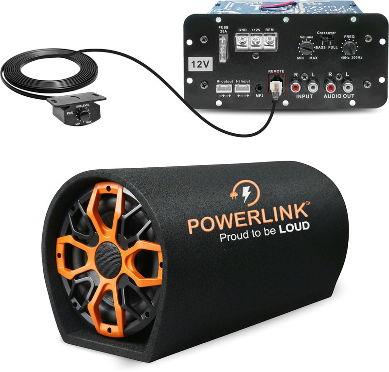 Powerlink 8" Car Bass Tube Inbuilt Amplifier with Line Control Volume Adjuster (Peak Power: 4800W) - Powerful Audio and Deep Bass Subwoofer(Powered , RMS Power: 400 W)