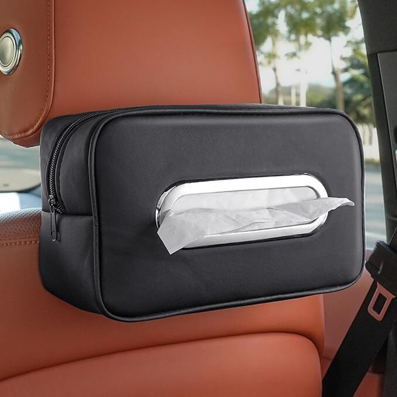 HANNEA Car Headrest Tissue Paper Box PU Leather Zip Design Black Vehicle Tissue Dispenser(Black)