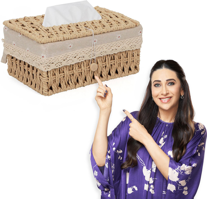 HOKiPO Handwoven Small Eco-Friendly Paper Weave Tissue Paper Holder (BGE-AR3899), Vehicle Tissue Dispenser(Beige)