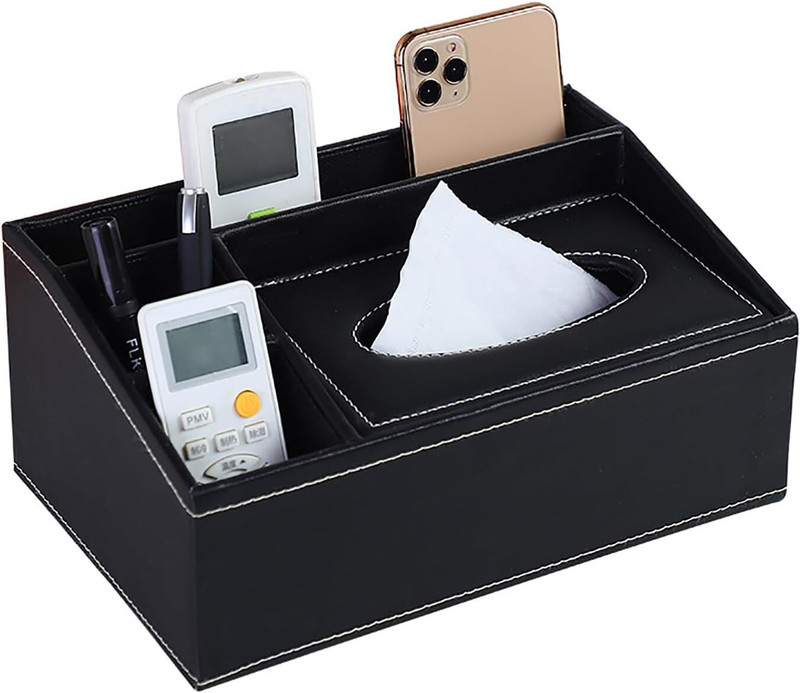 TAARAMA Premium Korean Leather Tissue Box Cover with Remote, Pen & Mobile Holder Vehicle Tissue Dispenser(Black)