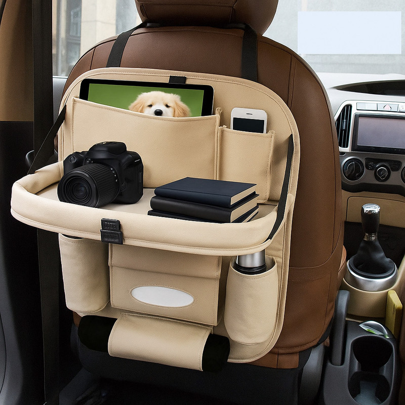 TSKN Beige | PU Leather Car Backseat Organizer with Foldable Tray | Multi Pocket Trunk Organizer(Beige)