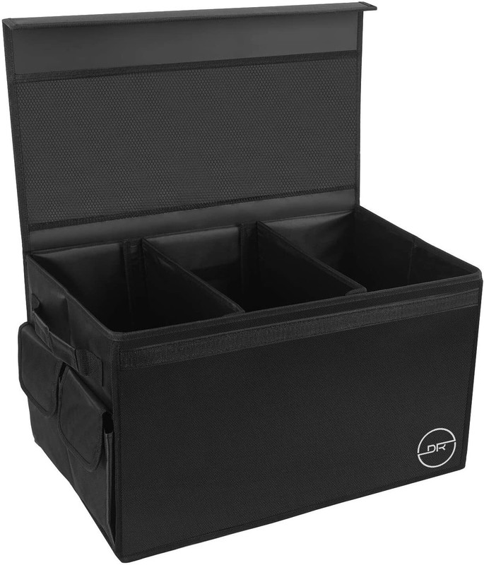 DOUBLE R BAGS Car Accessories for Trunk Dicky Boot Organizer Storage with Lid Cover for SUV Cars Minivan Cargo Organizers and Portable Handle Trunk Organizer(Black)
