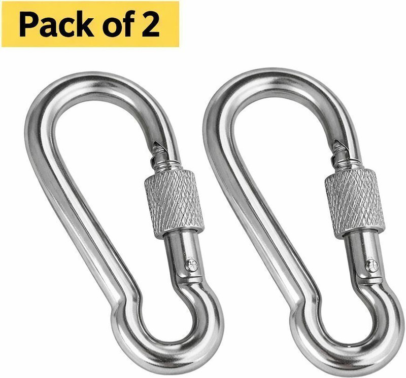DXJIYAWORLD Multipurpose Safety Heavy Carabiner Hook|Climbing, Swing, Gym, Rope(Pack of 2) Locking Carabiner(Silver)