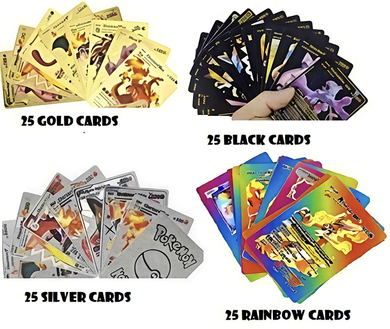 Bazaar 100 Pcs Metal Pokemon Cards Set – 25 Gold +25Black +25 Silver +25 Rainbow Cards(Multicolor)