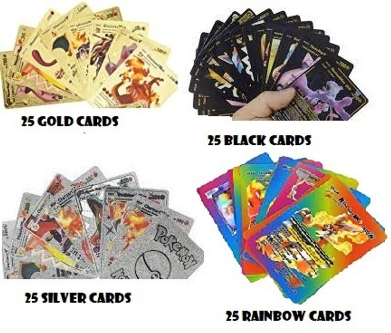 CrazyBuy Poikemon 25 Gold,25 Black,25 Silver & 25 Rainbow .V GX EX Cards(Multicolor)