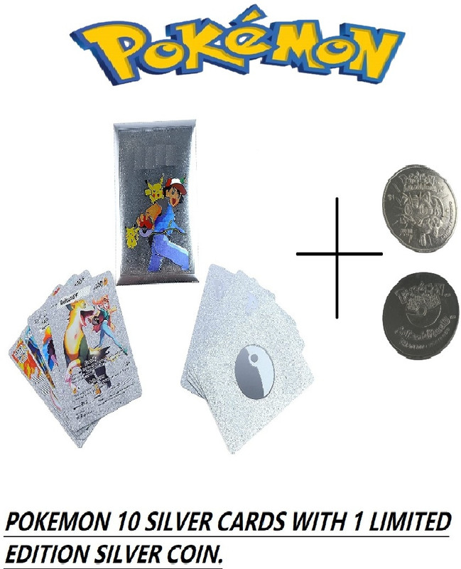 CrazyBuy Pokemon Silver Metal Foil Card With 1 Limited Edition Pokemon Silver Coin .(Multicolor)