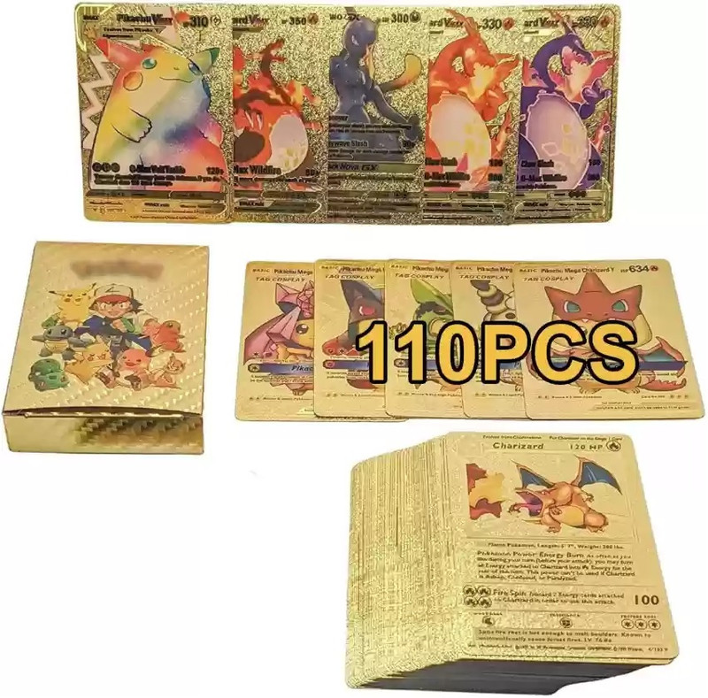 CrazyBuy Pokemon Gold Foil 110 PCS Card Metal Card Game Anime Battle Pokemon Child Toys(Gold)