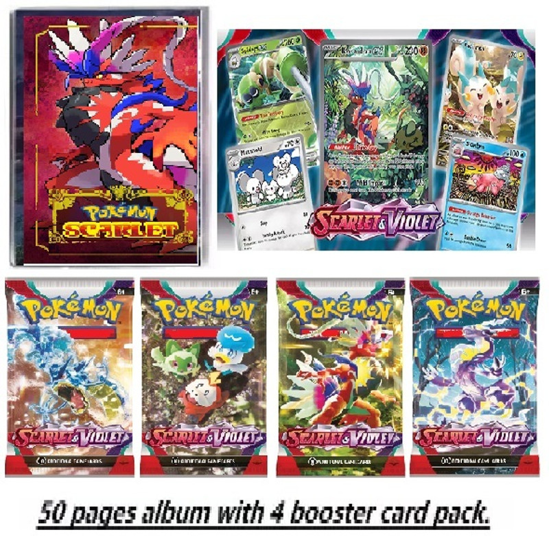 CrazyBuy Pokemon 50 Pages Small Album with 4 PCS Scarlet & Violet Booster Packets(Multicolor)