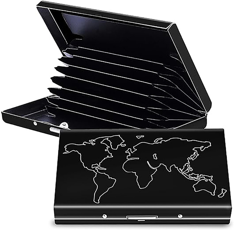 StealODeal Worldly Elegance: Metal Card Holder with Laser-Printed World Map Credit/Debit 8 Card Holder(Set of 1, Black)