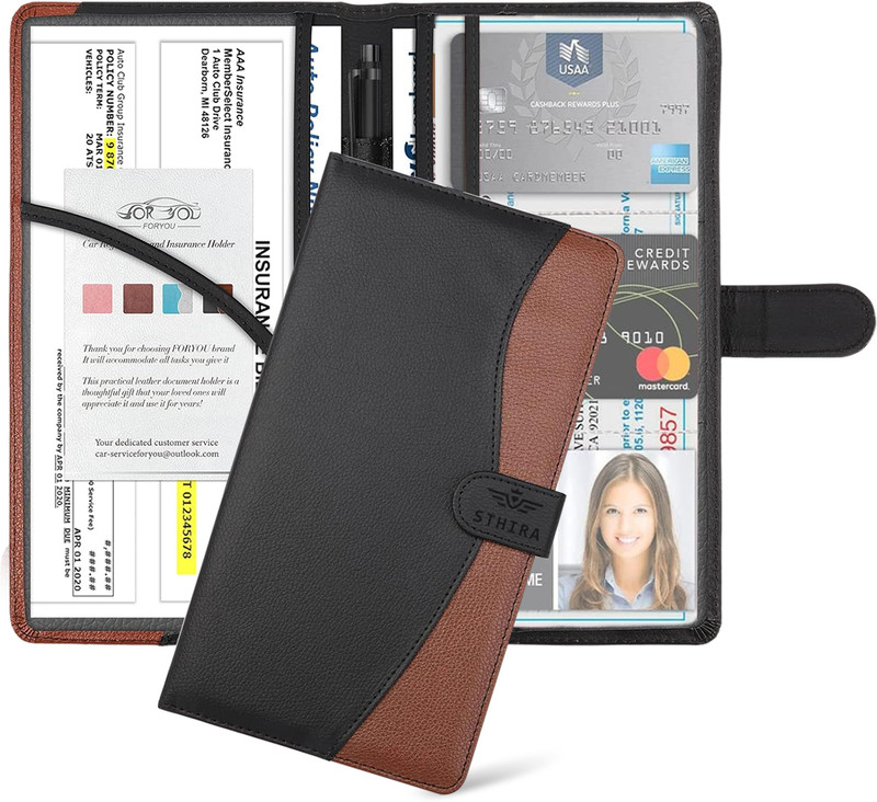 ELEPHANTBOAT Car Document Holder Car File Holder Bifold PU Leather Bag with Multi Card Slots(Black, Brown)