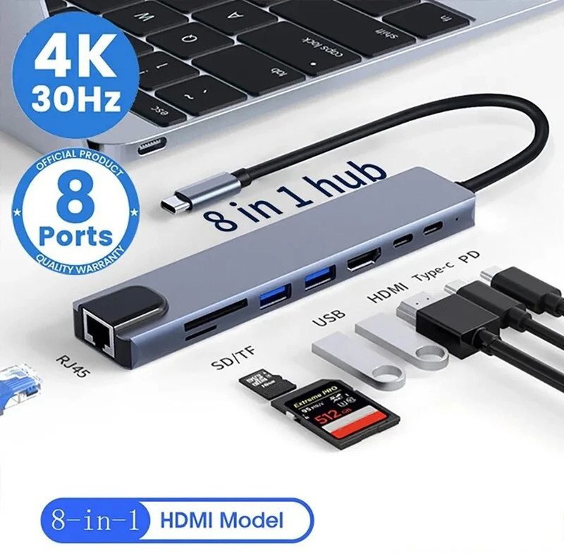 Foxne Point 8-in-1 USB C Docking Station with HDMI, Ethernet, SD Card Reader Card Reader(Grey)