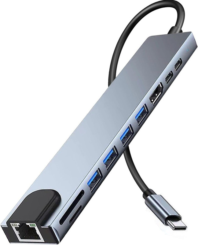 Foxne Point USB C Hub Adapter with PD, 100Mbps RJ45, 4K HDMI Card Reader(Grey)