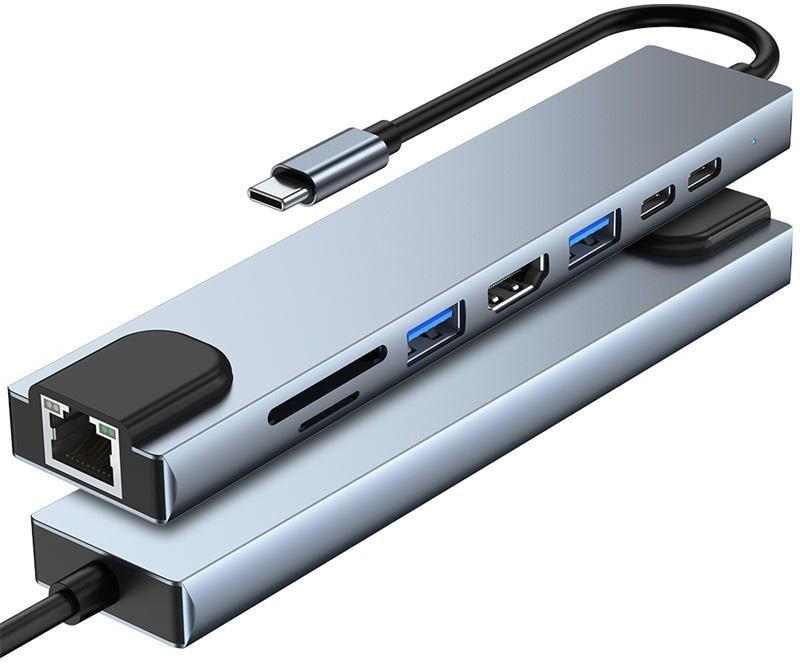 Good One 8 in 1 Type C USB Hub With Gigabit Ethernet 8 Port USB C Dock Adapter Card Reader(Silver)