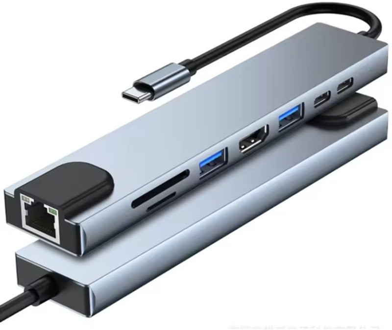 Foxne Point 8-IN-1 Hub Multiport USB-C Adapter for MacBook & PC - 4K HDTV" Card Reader(Grey)