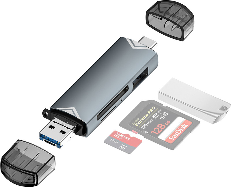 SUPVOX 6 in 1 Multifunction USB 30 Card Reader with Type C Micro USB Slots Card Reader(Black)
