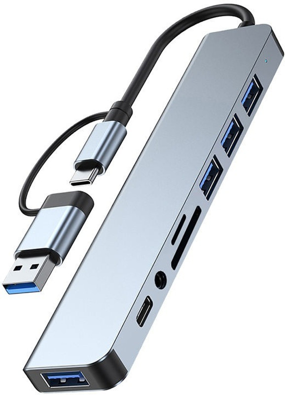 Foxne Point 8 in 1 USB3.0 C Docking Station Smart Aluminium Metal USB Type C Hub Adapter Card Reader(Grey)