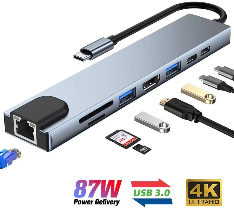 Good One Type C Hub 8-in-1 Dock with USB 3.0, SD/TF, 4K HDMI Card Reader(Grey)
